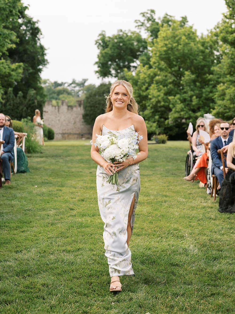 Jenny Yoo Light Blue Satin Floral Maxi Dress with Green Print